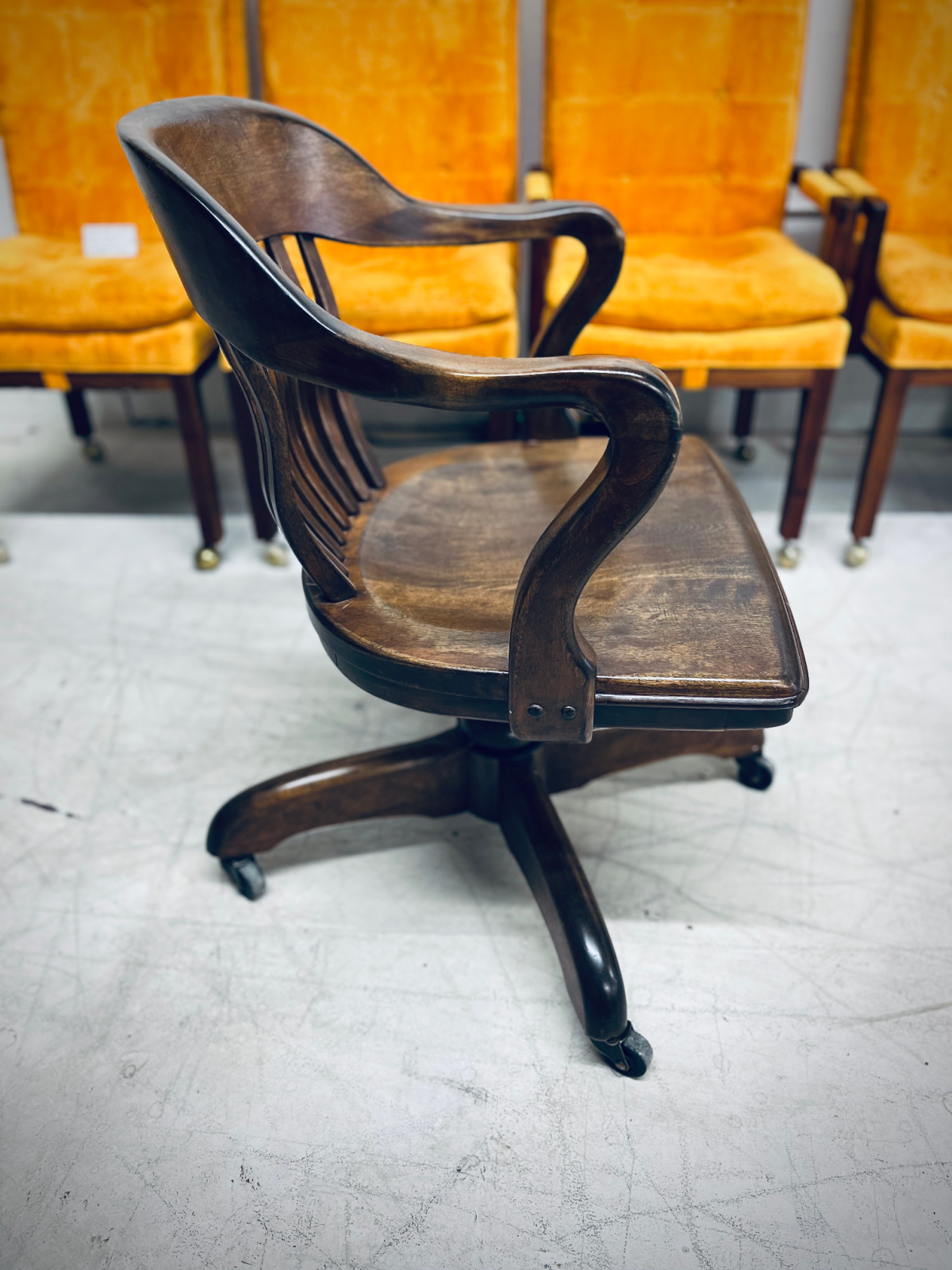 1920s Bank of England Jury Style Swivel Tilt Art Deco/Industrial Walnut Desk Chair - Image 2