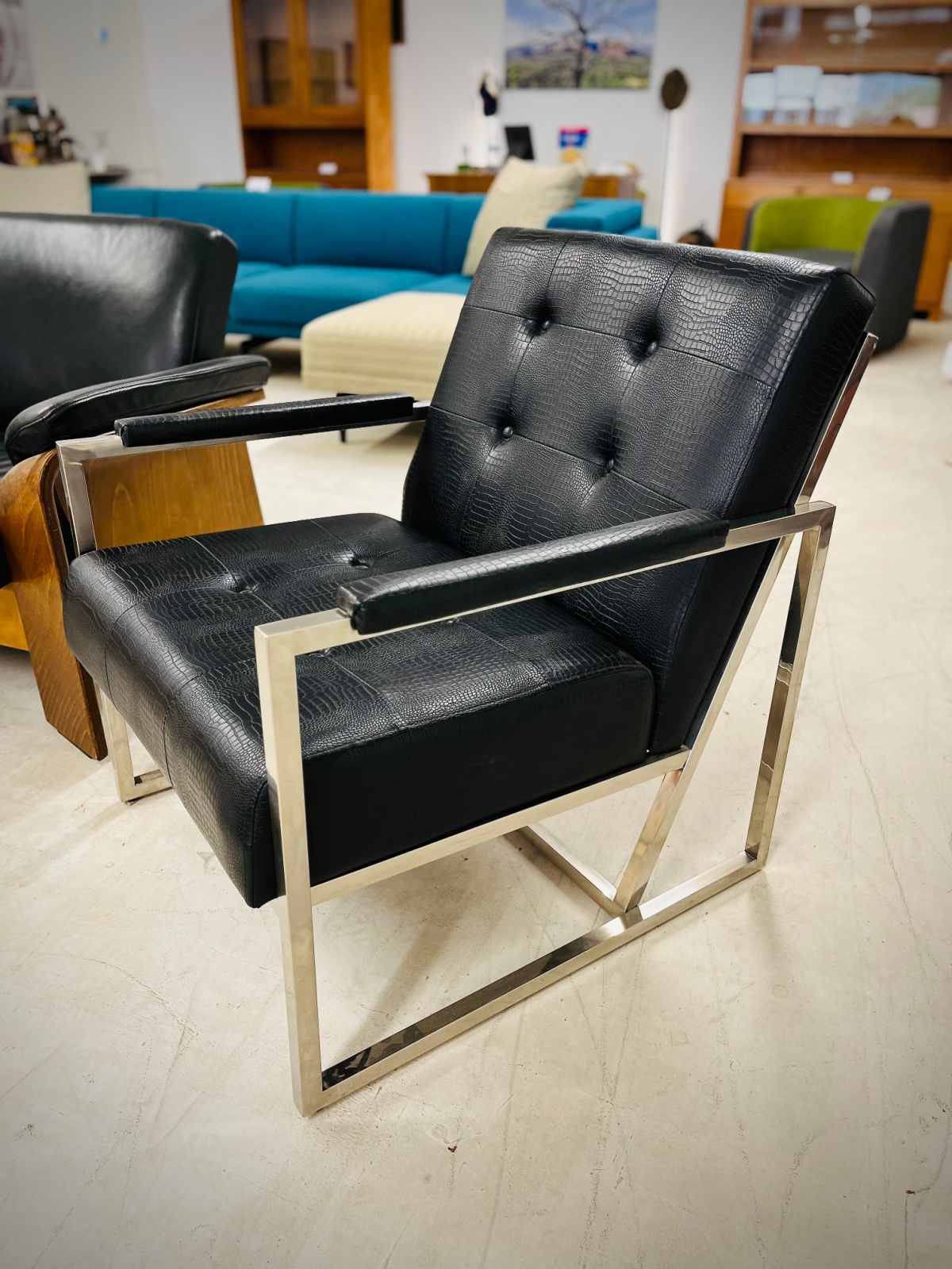 Crate & Barrel Black Leather Crocodile Arm Chair