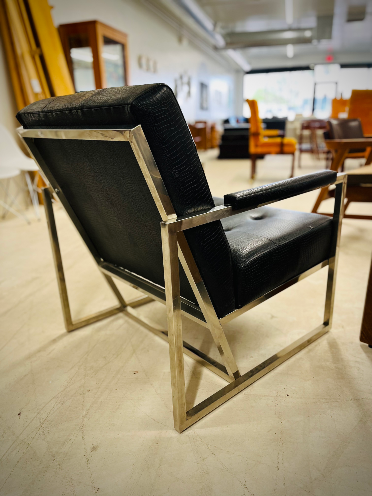 Crate & Barrel Black Leather Crocodile Arm Chair - Image 3