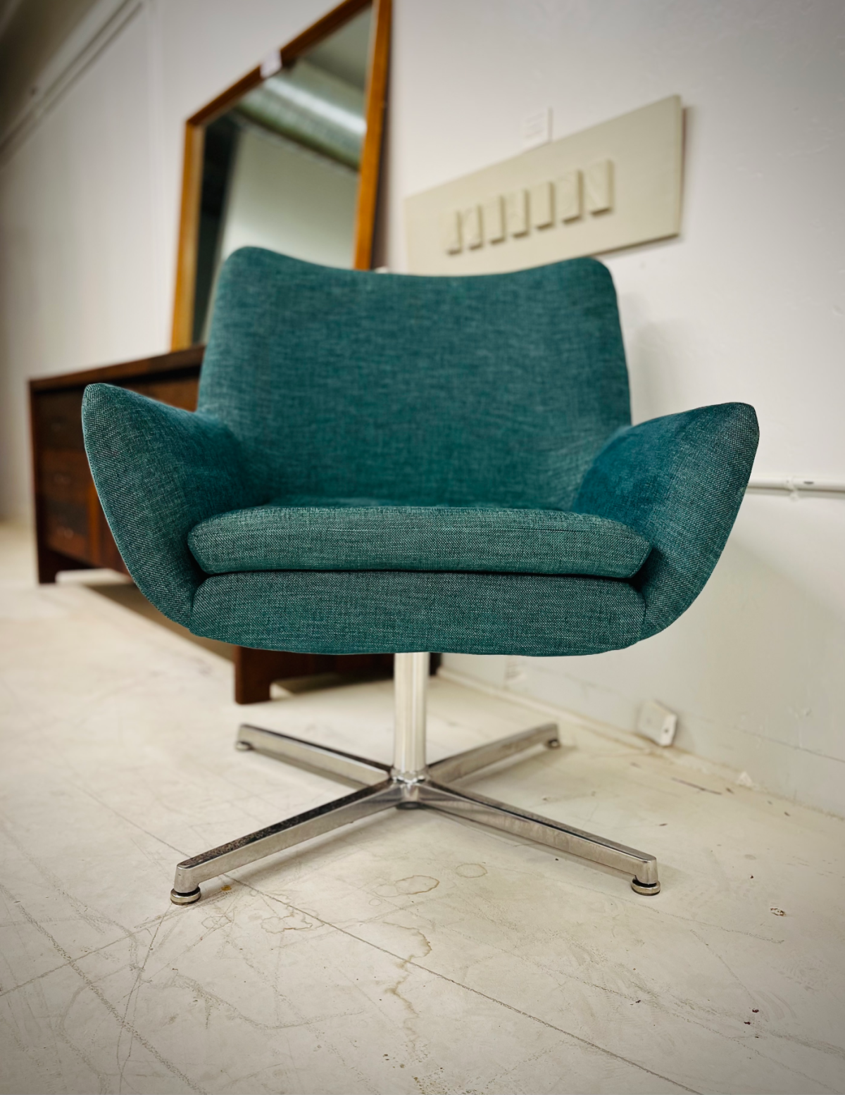 Blue/Green Swivel Chair With Chrome Base by Brookline - Image 3